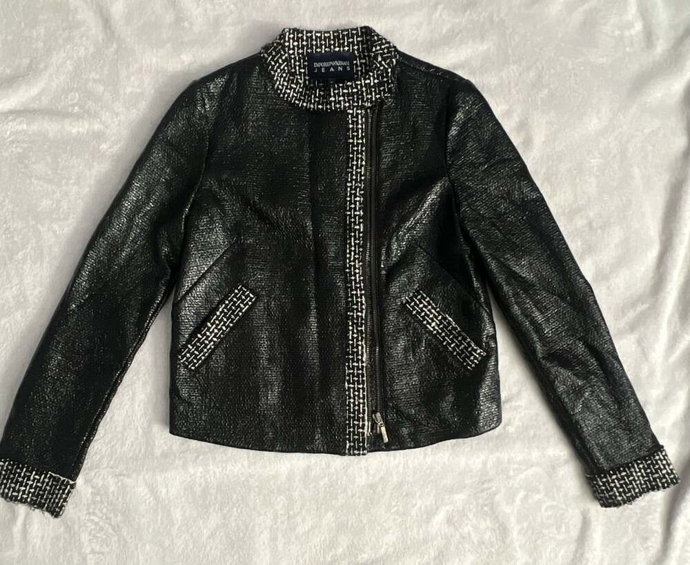Emporio Armani Jeans Black Coated Boucle Tweed Moto Jacket Size 40